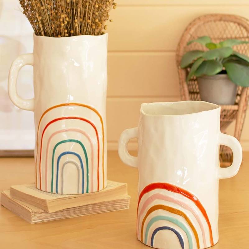 White Ceramic Vases with Rainbow Pattern and Handles, Set of 2