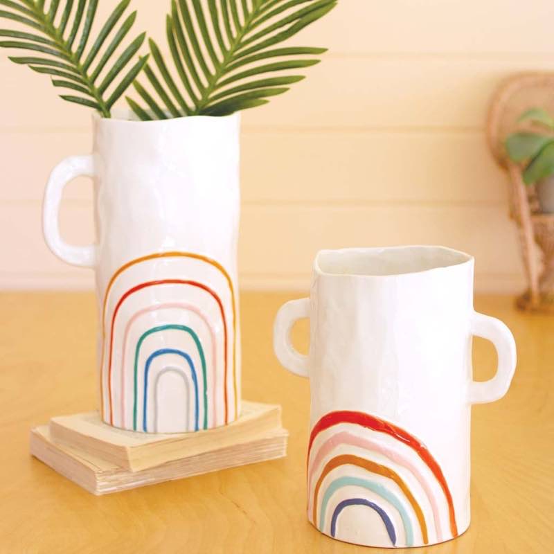 White Ceramic Vases with Rainbow Pattern and Handles, Set of 2