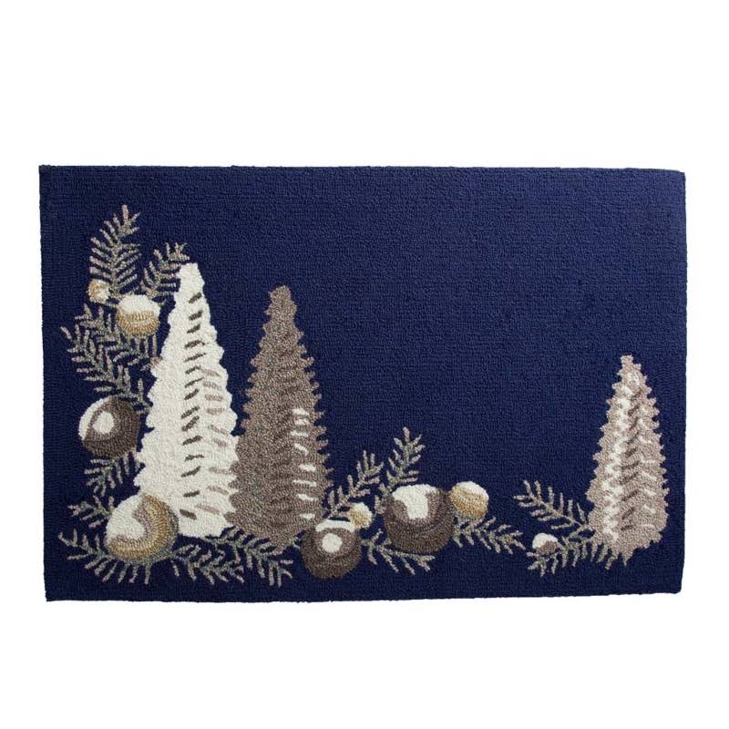 Indoor/Outdoor Hand-Hooked Silver and Blue Evergreen Trees Accent Rug