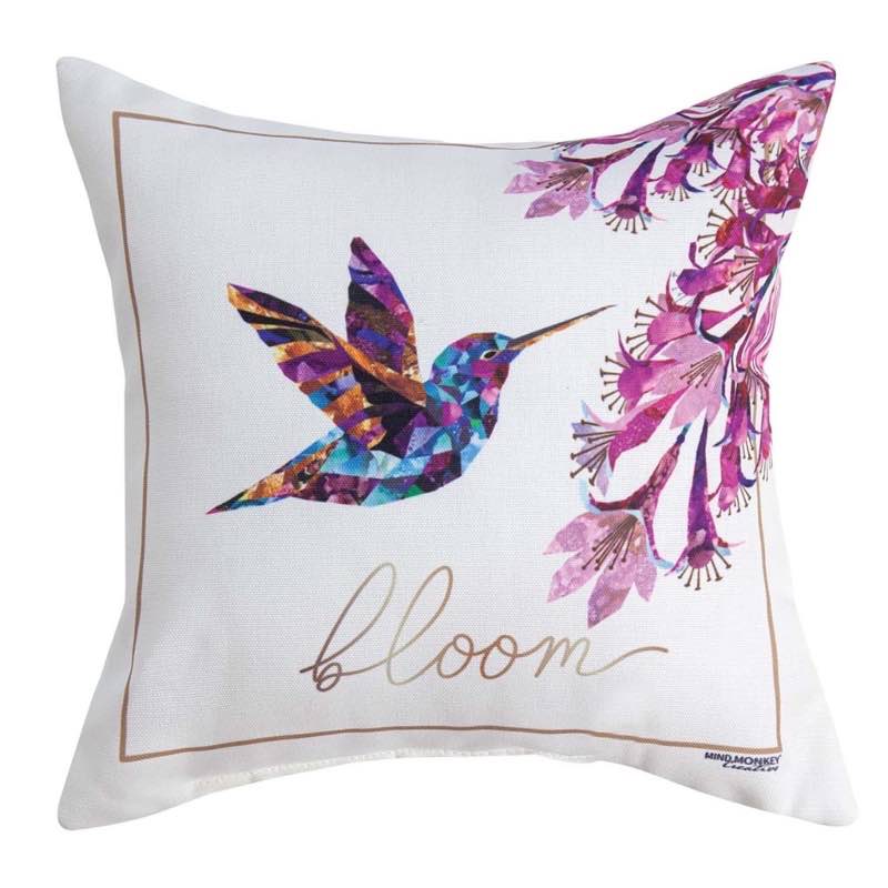 White Throw Pillow with Painted Multicolored Hummingbird