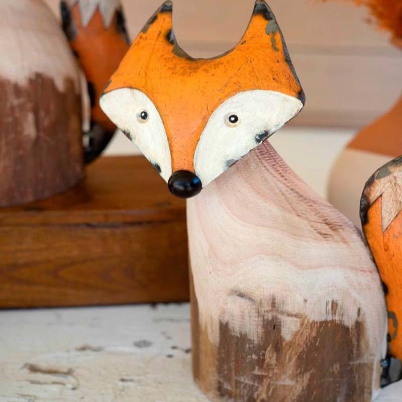 Wood and Iron Fox Statues, Set of 2