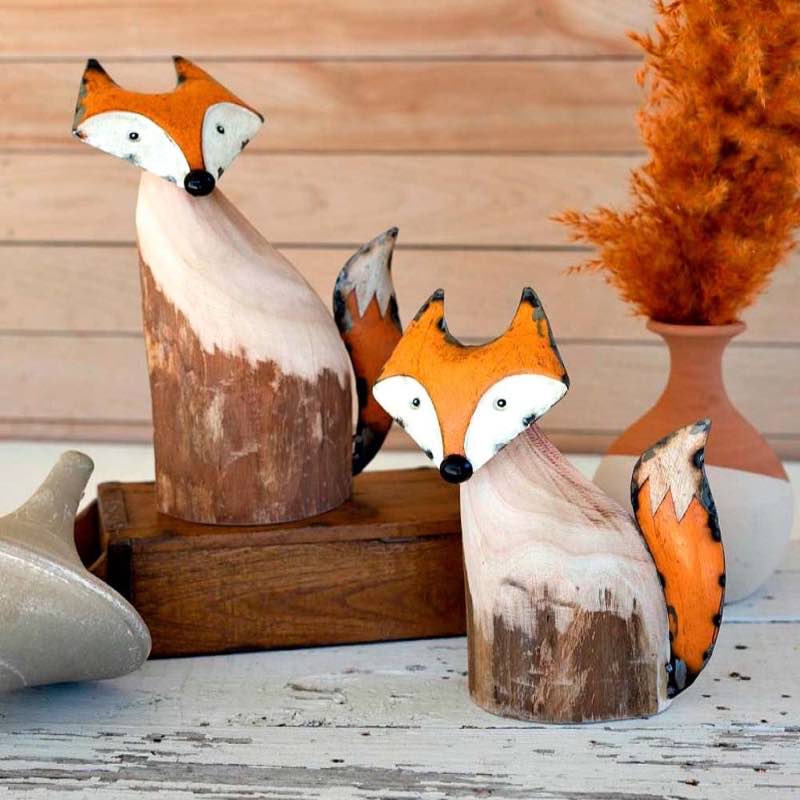 Wood and Iron Fox Statues, Set of 2