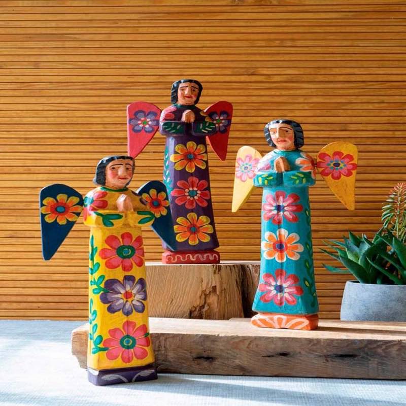 Colorful Painted Wooden Angels, Set of 3