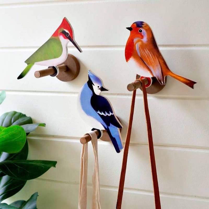 Wooden Bird Wall Hooks, Set of 3