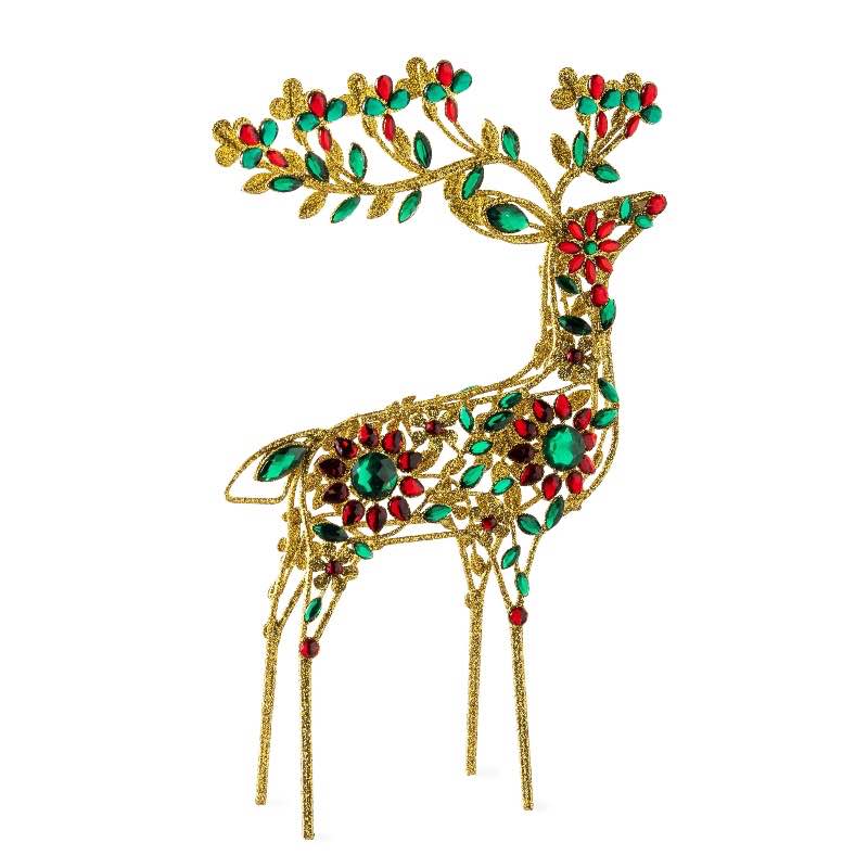 Golden Metal Jeweled Deer Statue Looking Up