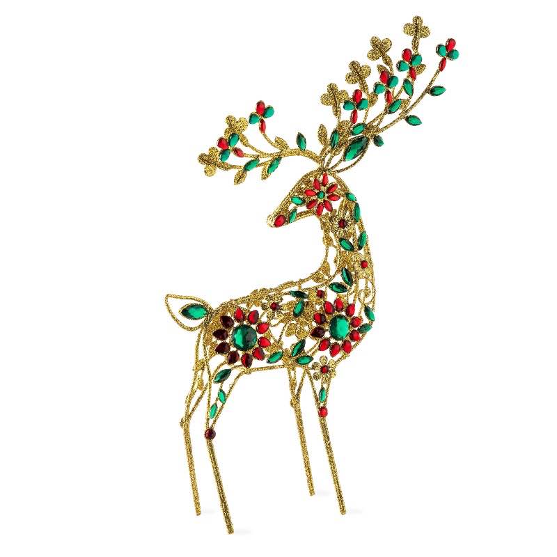 Golden Metal Jeweled Deer Statue Looking Back