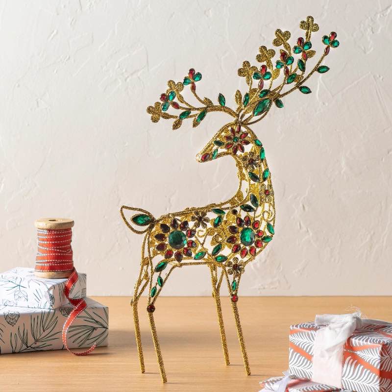 Golden Metal Jeweled Deer Statue Looking Back