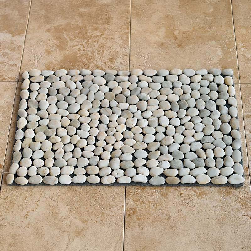 Smooth River Rock Stone Floor Mat, Indoor/ Outdoor - White