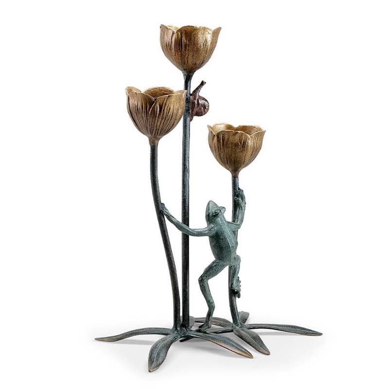 Metal Frog and Flowers Tealight Candle Holder Trio