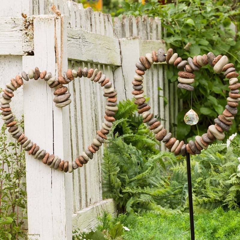 Decorative Indoor/Outdoor Heart-Shaped Wreath of Faux River Rocks