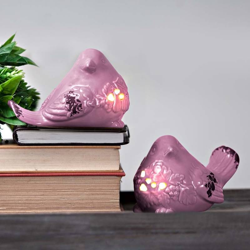 Rose-Colored LED Ceramic Bird Figurines, Set of 2