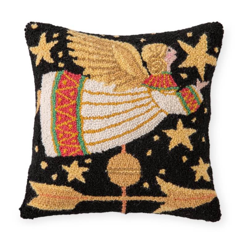 Hooked Wool Angel Weathervane Accent Pillow