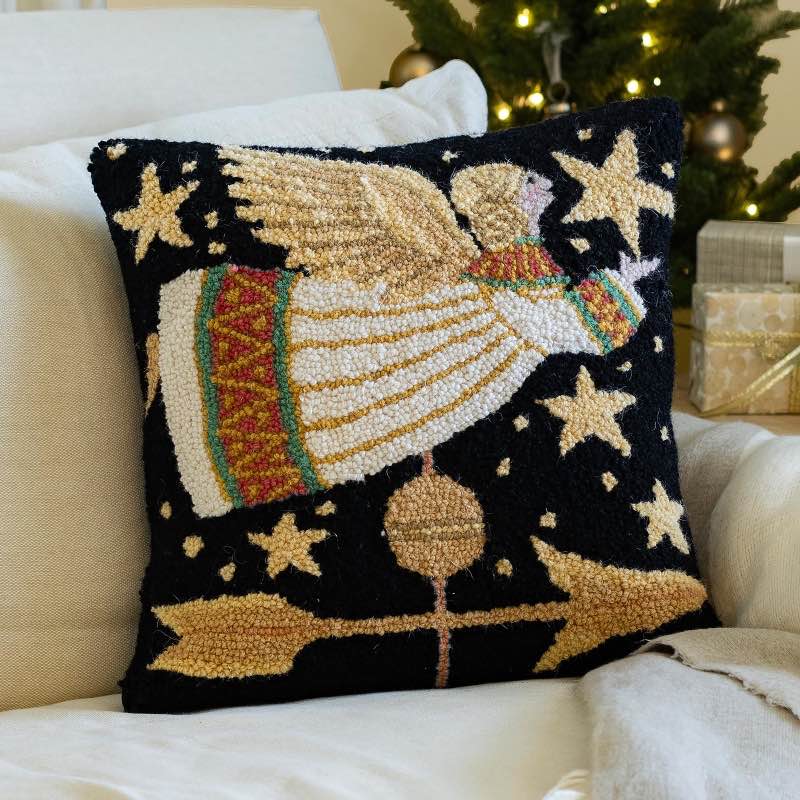 Hooked Wool Angel Weathervane Accent Pillow