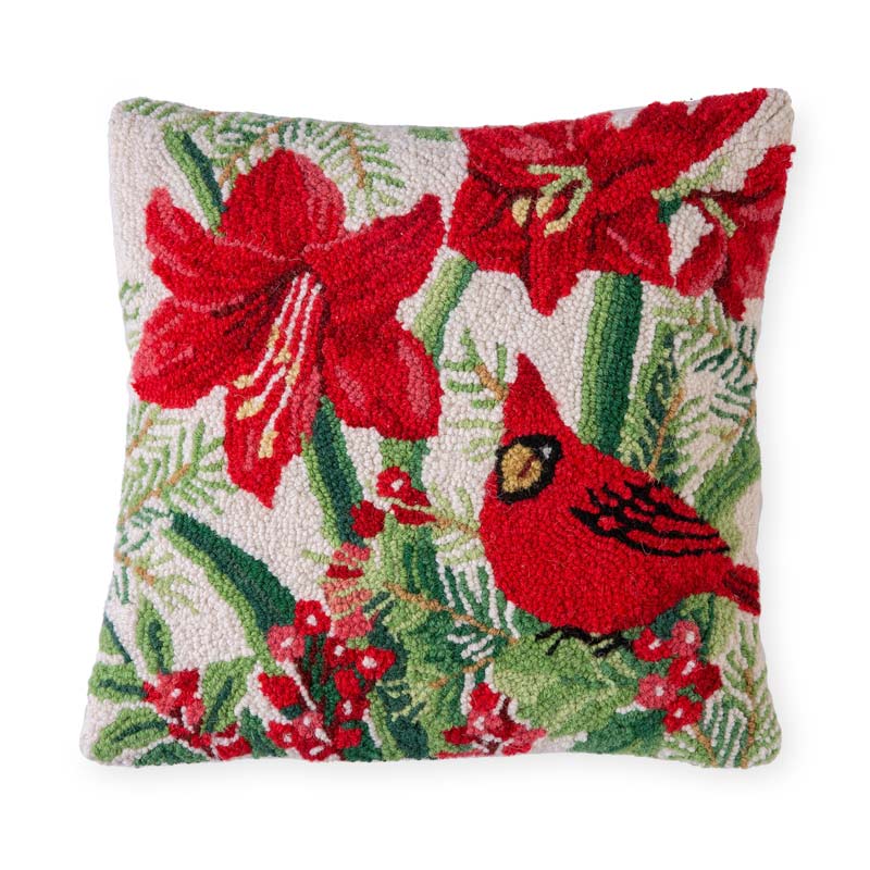 Hooked Wool Cardinal and Amaryllis Accent Pillow