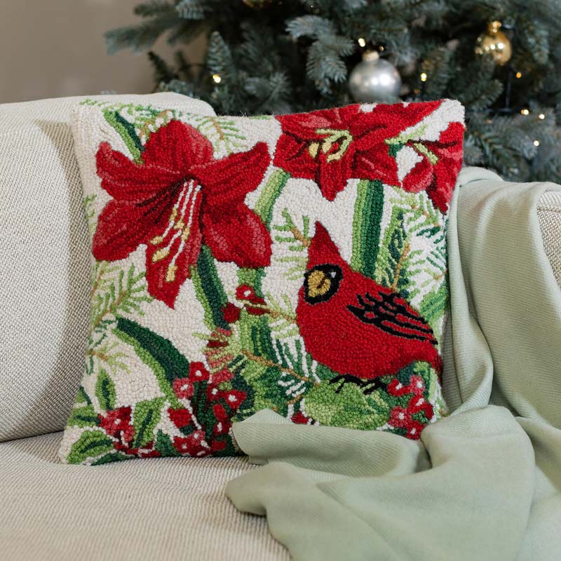 Hooked Wool Cardinal and Amaryllis Accent Pillow