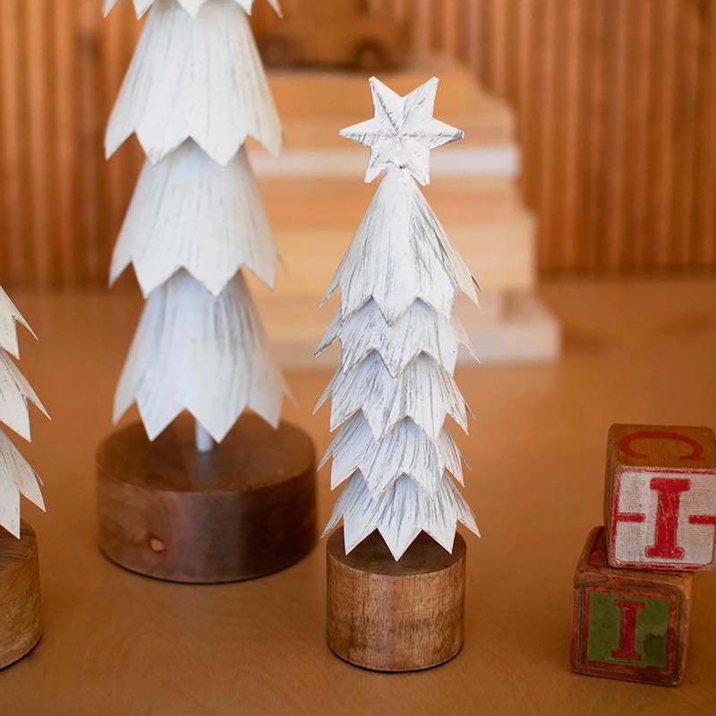 White-Washed Christmas Trees with Wooden Base, Set of 3