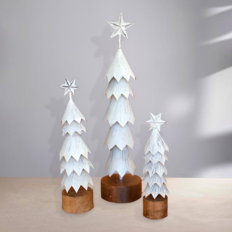 White-Washed Christmas Trees with Wooden Base, Set of 3