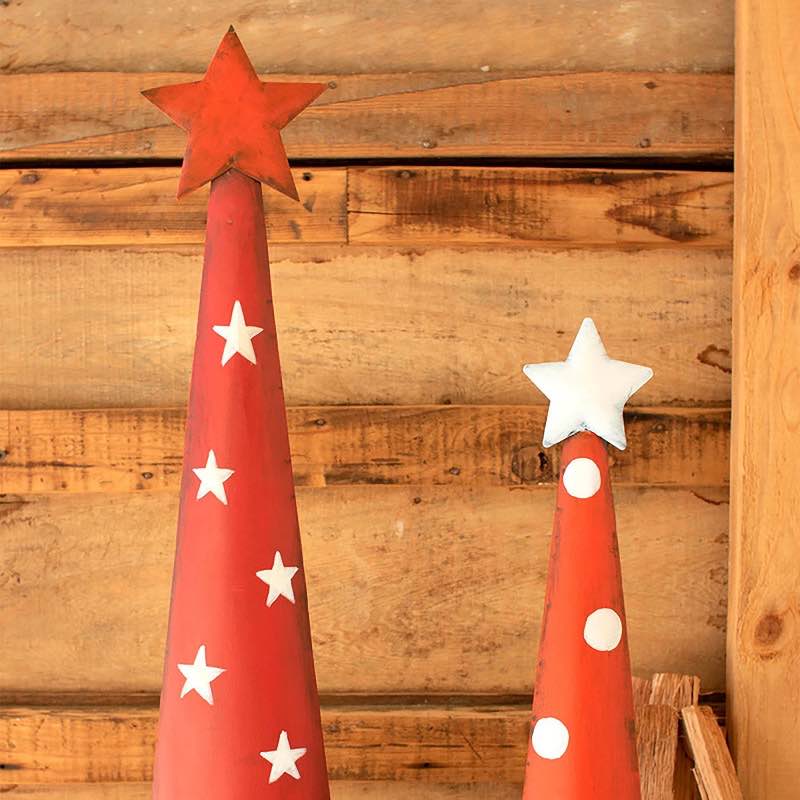 Painted Metal Red Christmas Tree Statues, Set of 3