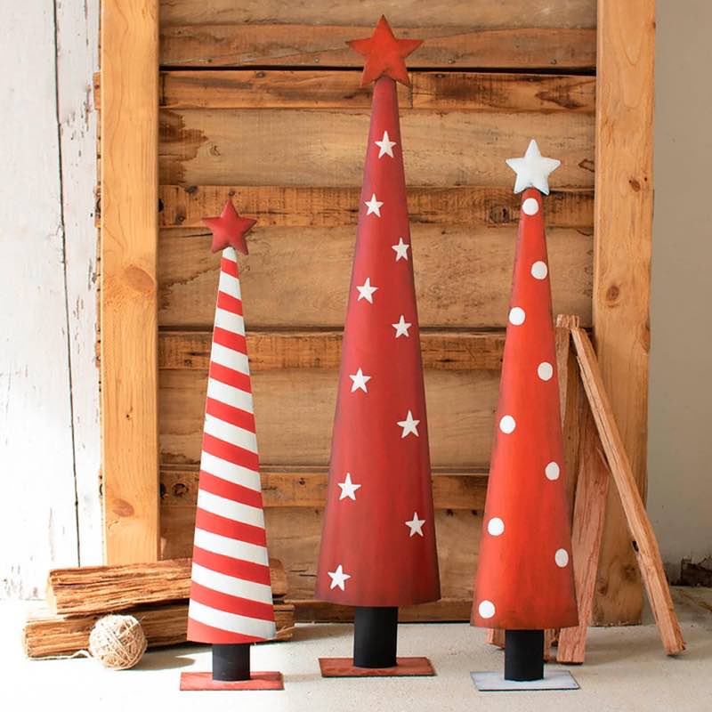 Painted Metal Red Christmas Tree Statues, Set of 3