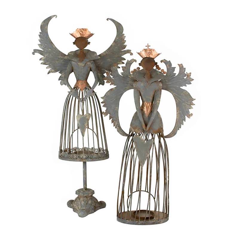 Rustic Metal Gray Angel Tealight Holders, Set of 2