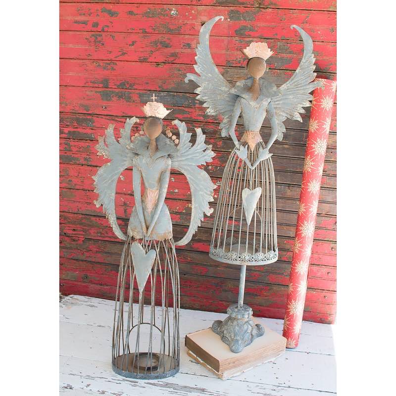 Rustic Metal Gray Angel Tealight Holders, Set of 2