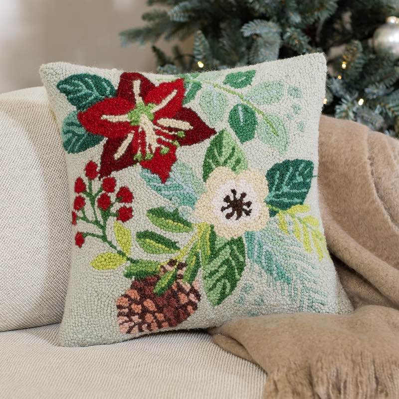 Hooked Wool Holiday Botanicals Accent Pillow