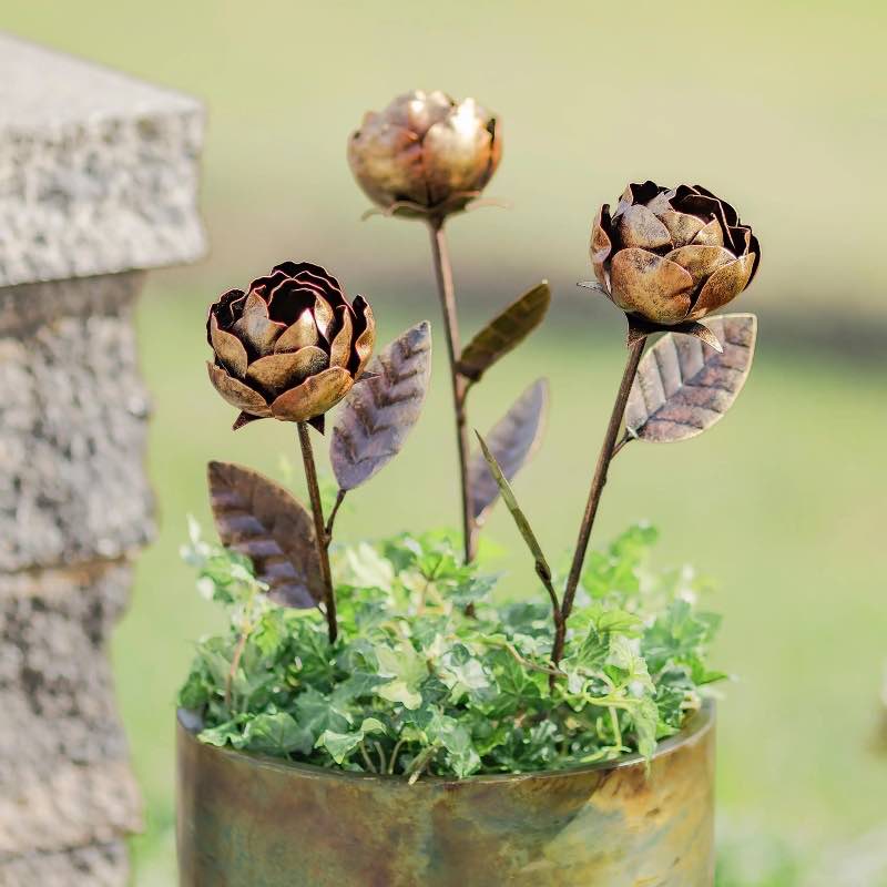 Metal Rose Garden Stakes with Copper-Gold Finish, Set of 3