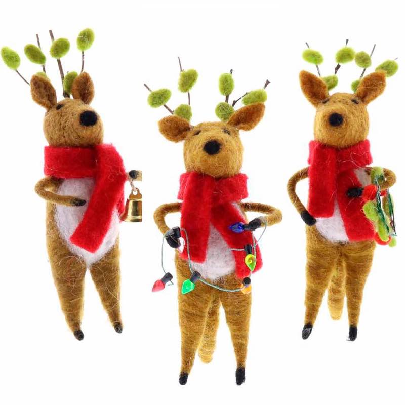 Felted Wool Reindeer Ornaments, Set of 3