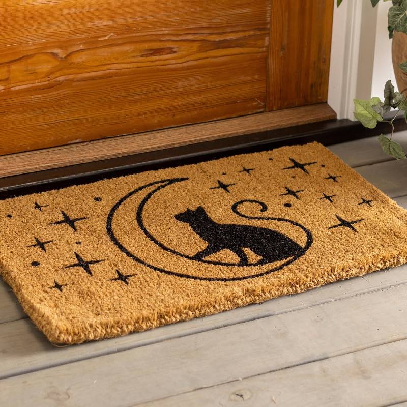 Black Cat and Crescent Moon Coir Doormat