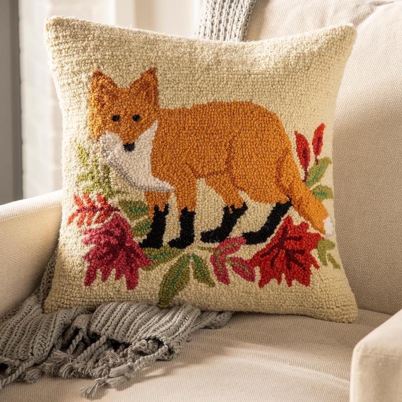 Wool Hooked Fox Throw Pillow