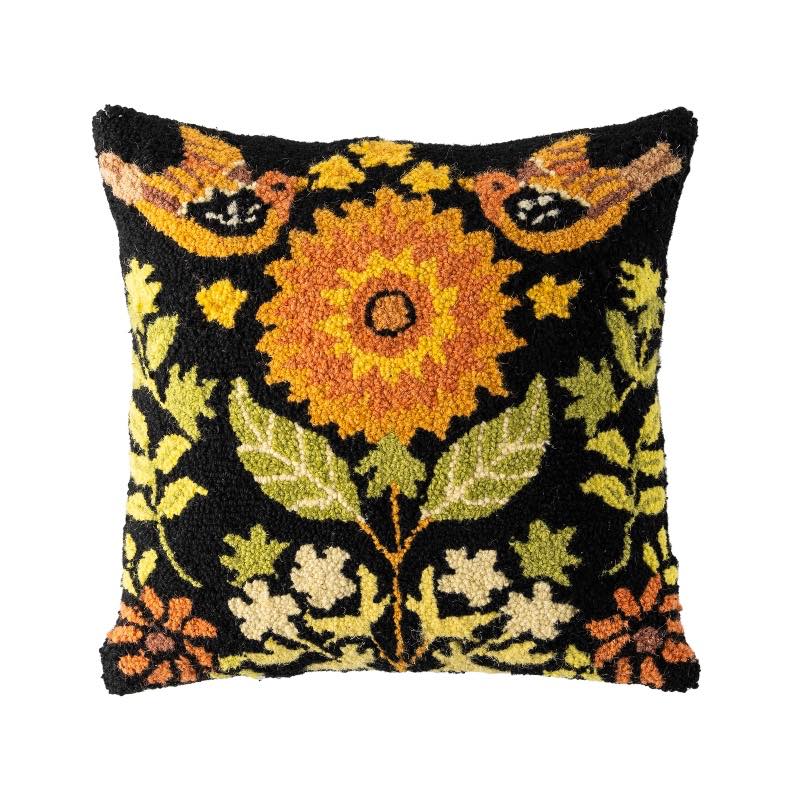 Wool Hooked Sunflower and Birds Throw Pillow