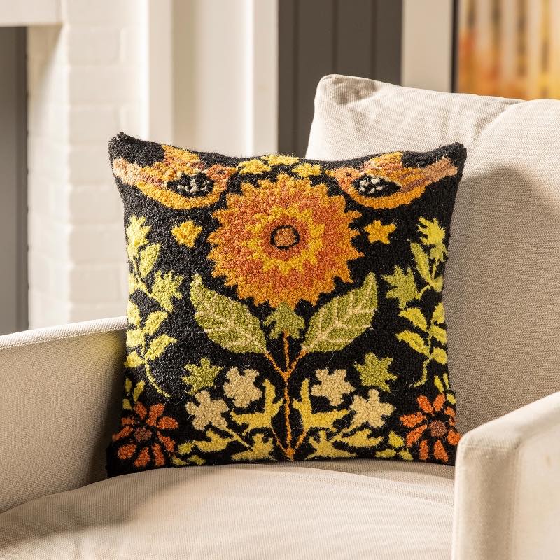 Wool Hooked Sunflower and Birds Throw Pillow