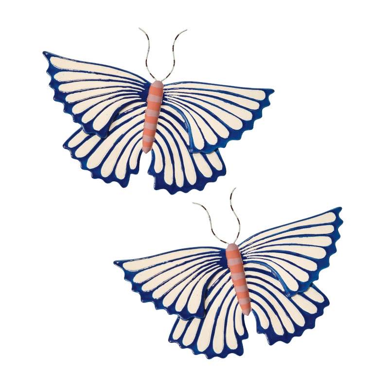 Blue and White Ceramic Moth Wall Art, Set of 2