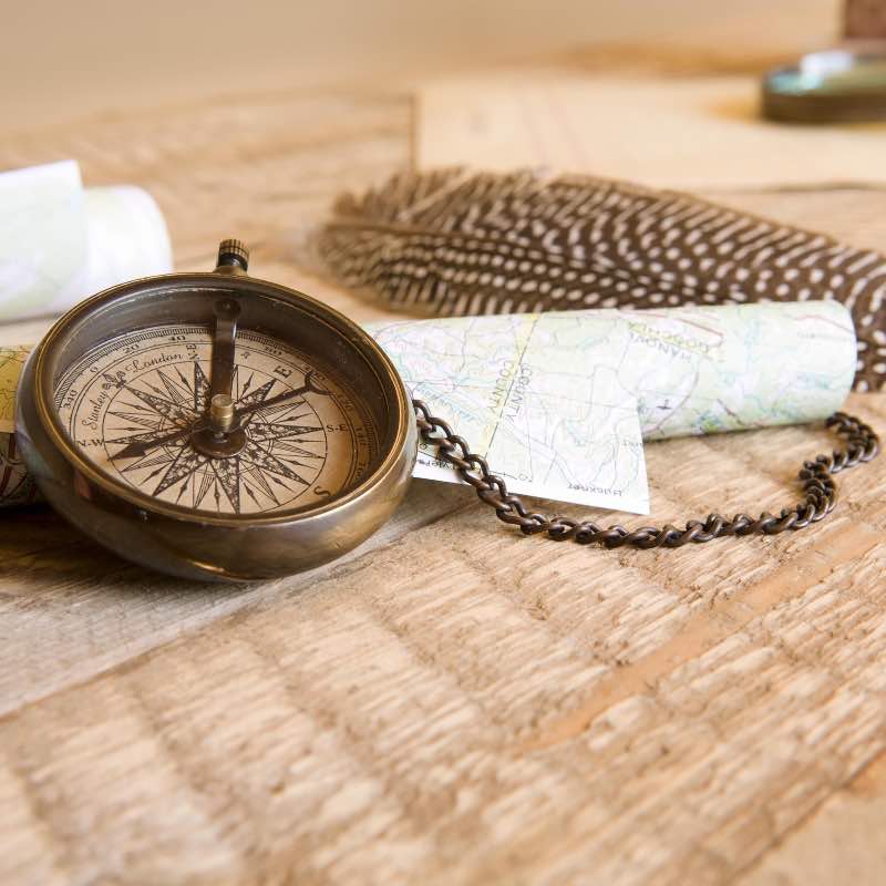 Brass Compass on Chain with Wood Box