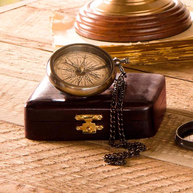 Brass Compass on Chain with Wood Box