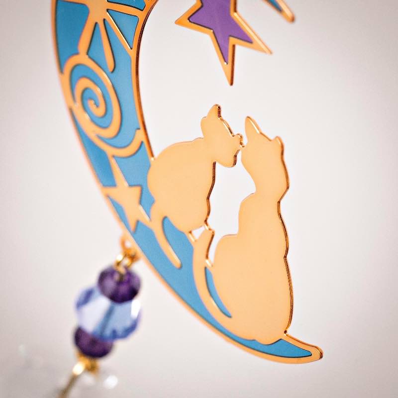 Cats on Crescent Moon Suncatcher with Crystals