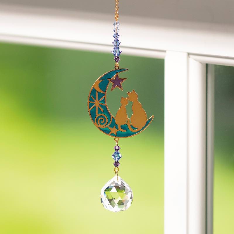 Cats on Crescent Moon Suncatcher with Crystals