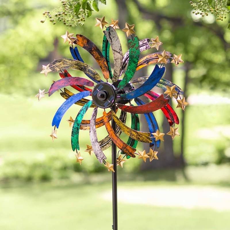 Multi-Colored Metal Wind Spinner with Stars and Solar Lights