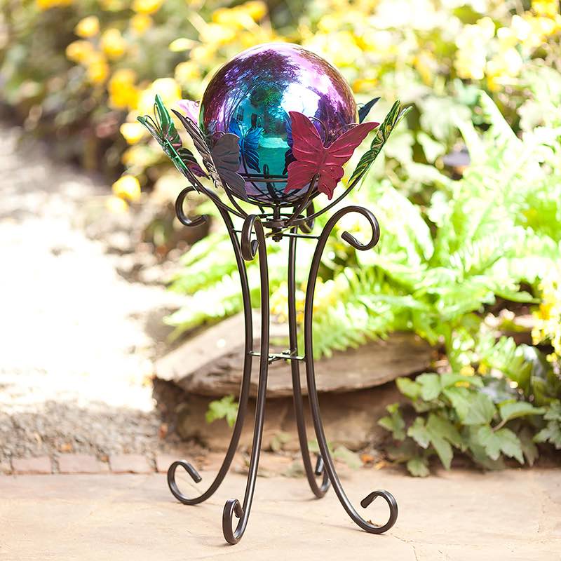 Metal Gazing Ball Stand with Spinning Butterflies