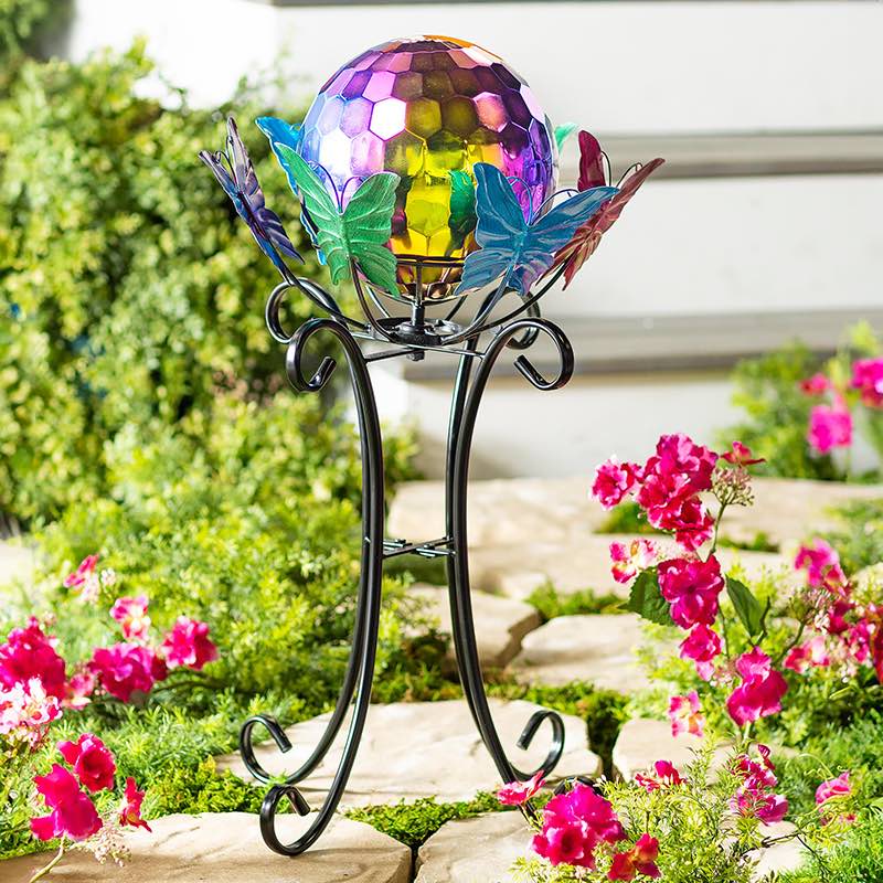 Metal Gazing Ball Stand with Spinning Butterflies