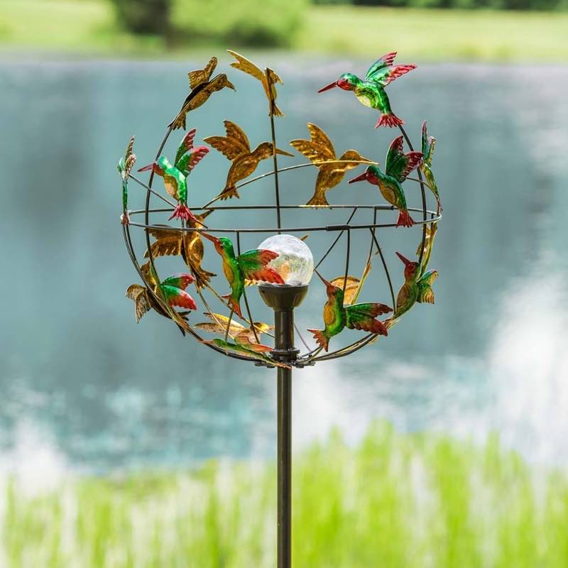 Metal Hummingbird Wind Spinner with Color-Changing Solar Orb