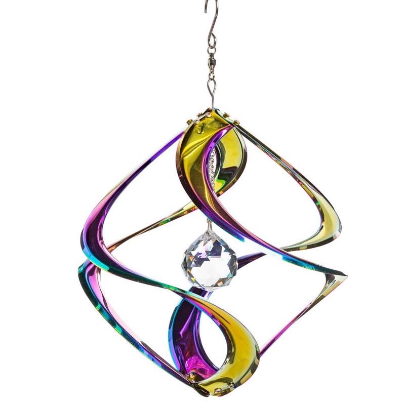 Hanging Iridescent Metal Spiral Wind Spinner with Clear Crystal Center