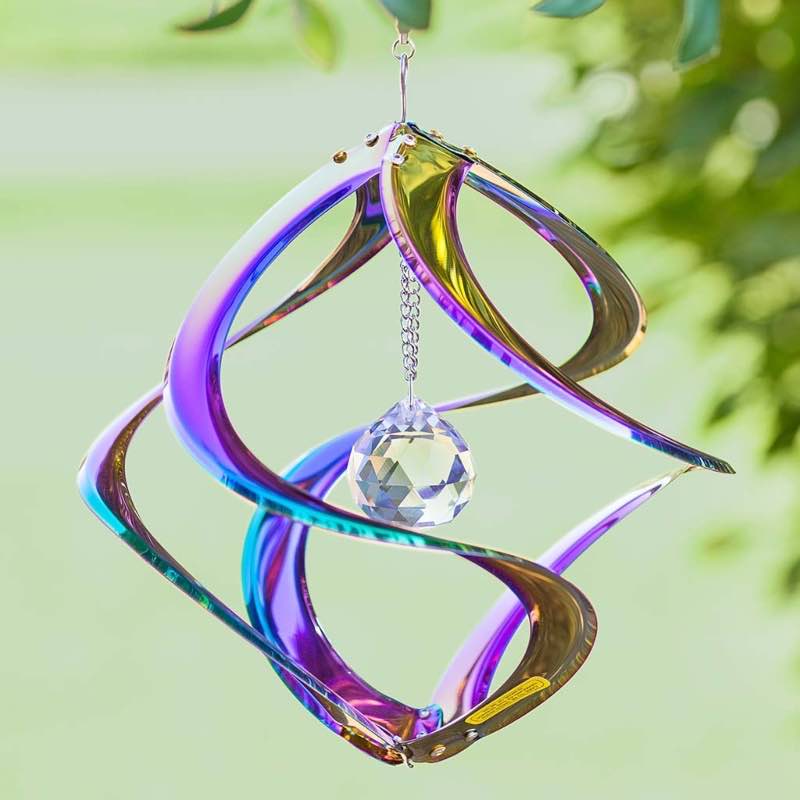 Hanging Iridescent Metal Spiral Wind Spinner with Clear Crystal Center