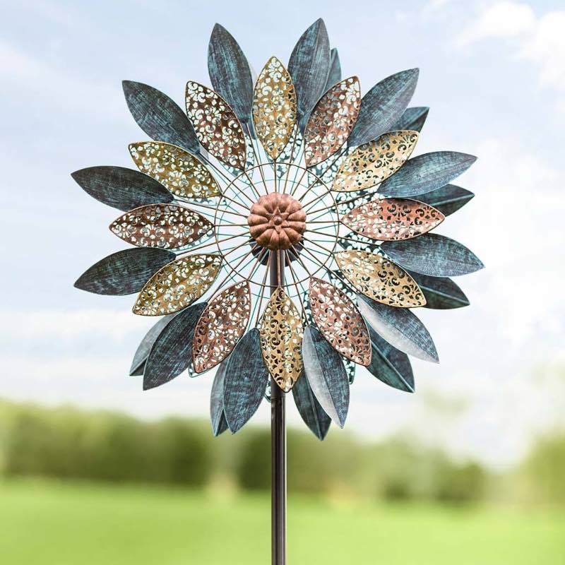 Metal Wind Spinner with Patina-Like Blue, Golden and Bronze-Colored Leaves with Intricate Filigree Cutouts