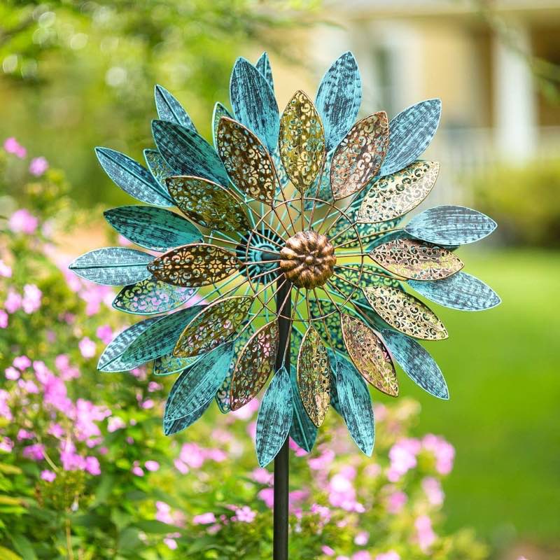 Metal Wind Spinner with Patina-Like Blue, Golden and Bronze-Colored Leaves with Intricate Filigree Cutouts