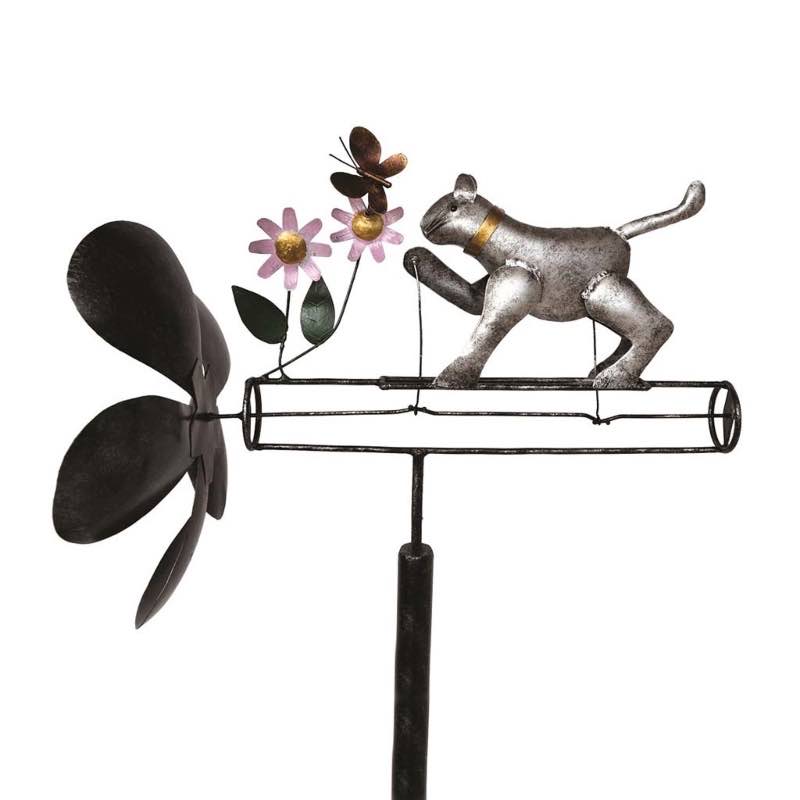 Gray Cat and Flowers Whirligig Spinner