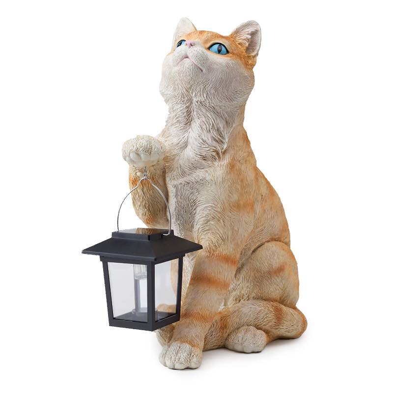 Realistic Resin Cat Sculpture with Solar-Powered Lantern