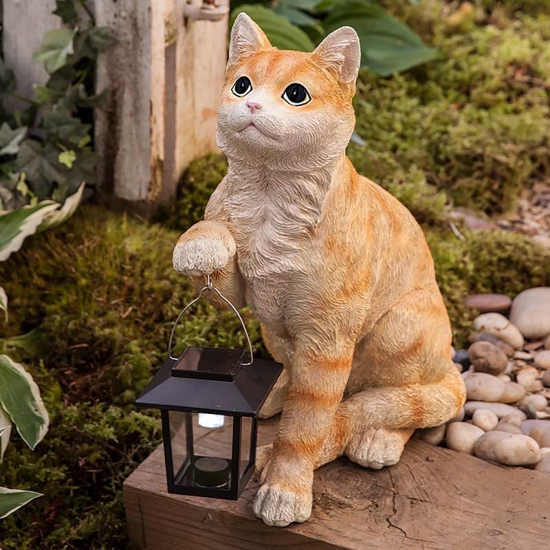 Realistic Resin Cat Sculpture with Solar-Powered Lantern