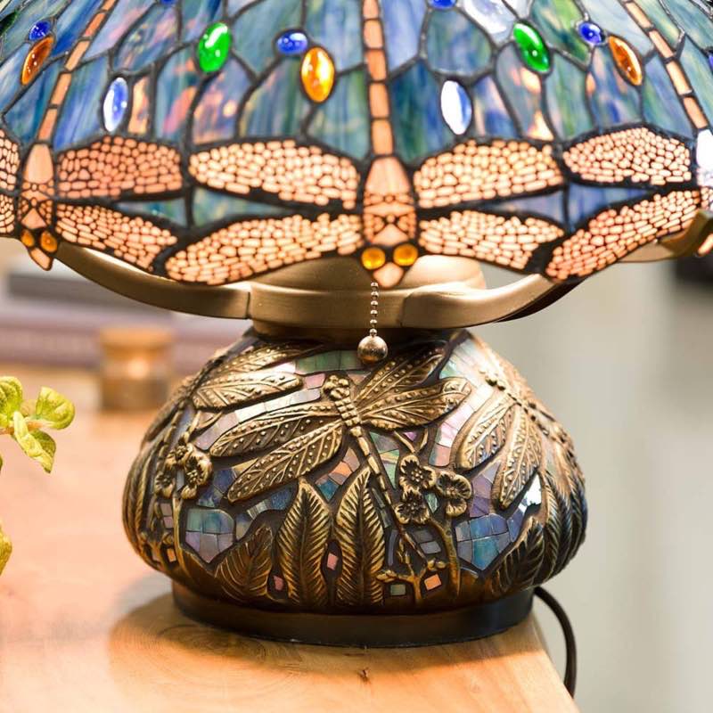 Tiffany-Style Stained Glass Table Lamp with Dragonfly Motif and Metal Base