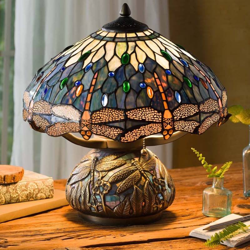 Tiffany-Style Stained Glass Table Lamp with Dragonfly Motif and Metal Base